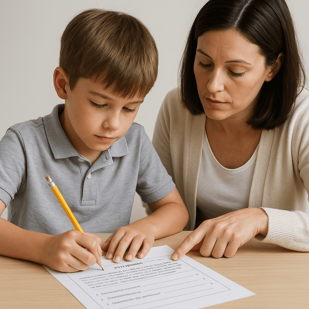 Niño de primaria escribiendo en una ficha de comprensión lectora mientras una mujer adulta le señala una línea del ejercicio para guiarle.