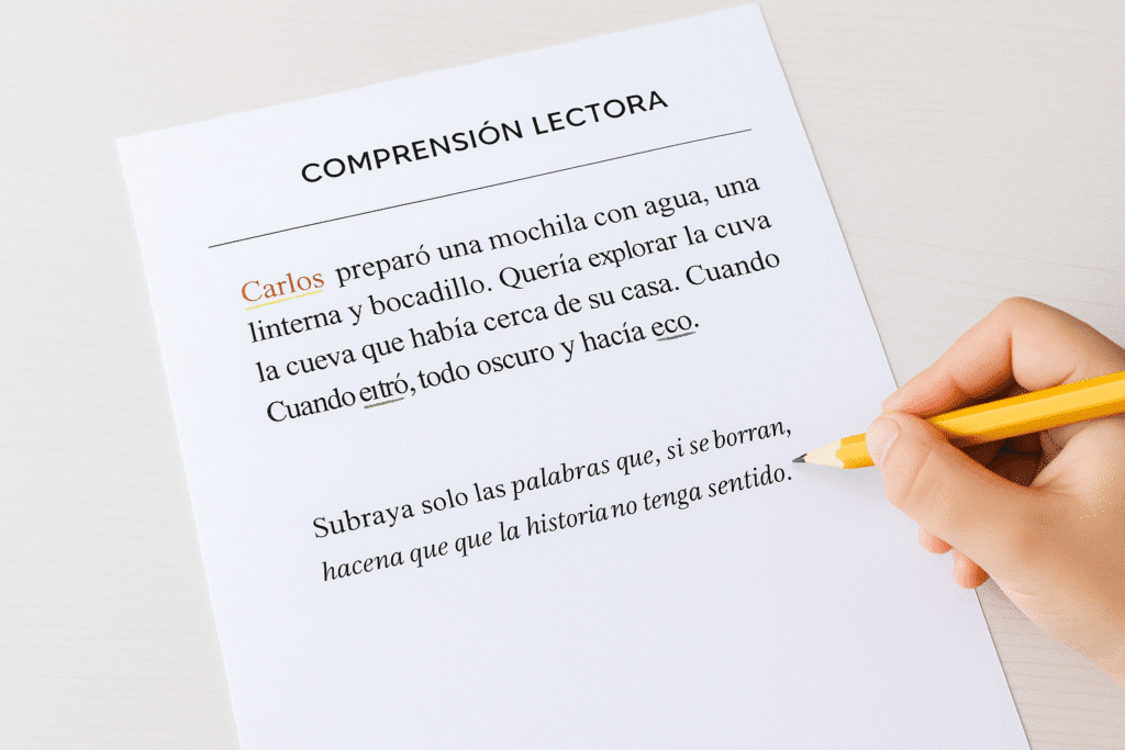 Ficha impresa de comprensión lectora con un texto infantil subrayado en diferentes colores, acompañada de la mano de un niño sosteniendo un lápiz sobre la palabra marcada.