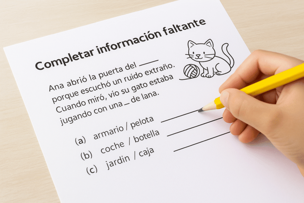 Ficha impresa con un ejercicio de completar palabras faltantes en un texto infantil, acompañada de la mano de un niño escribiendo con un lápiz sobre fondo claro.
