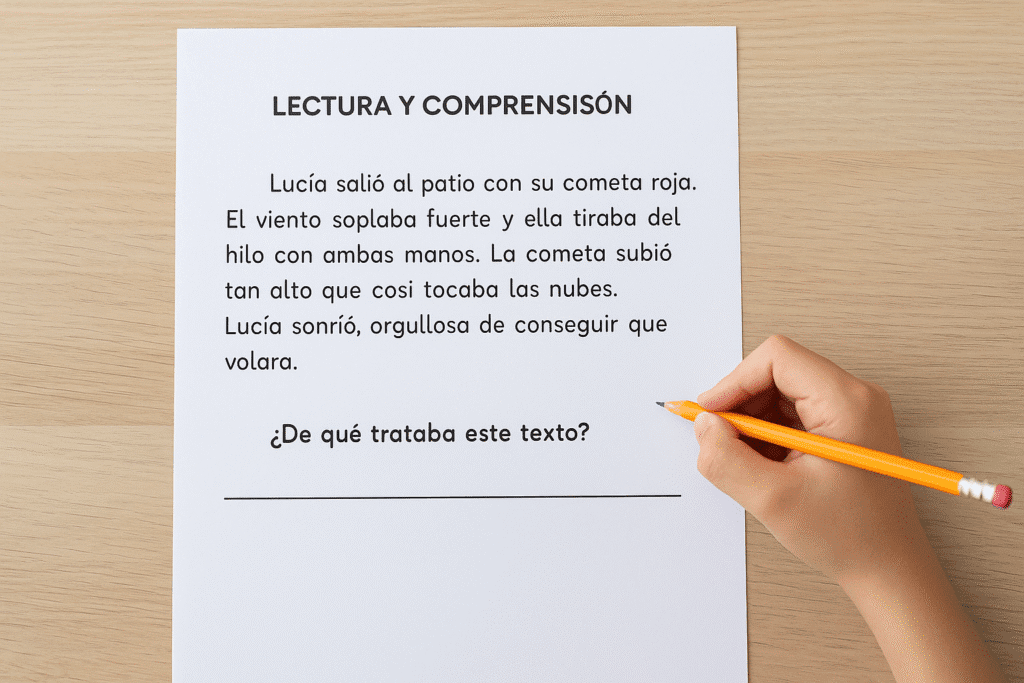 Hoja impresa con un texto infantil breve y una pregunta de comprensión lectora, acompañada de la mano de un niño sosteniendo un lápiz.
