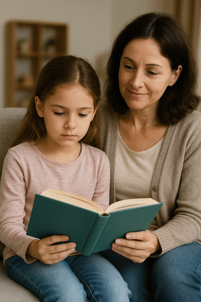 Niño de primaria leyendo un libro en voz alta mientras su madre lo acompaña y le ofrece apoyo durante la actividad.