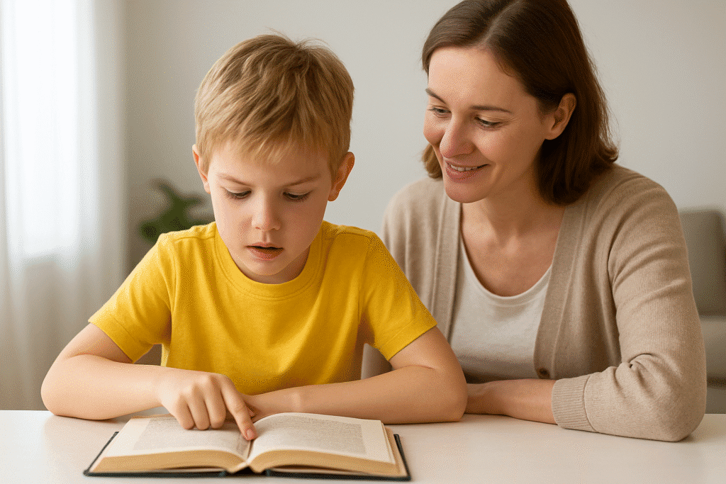 Niña de primaria leyendo un libro junto a su madre, que la acompaña con una actitud cercana y de apoyo.