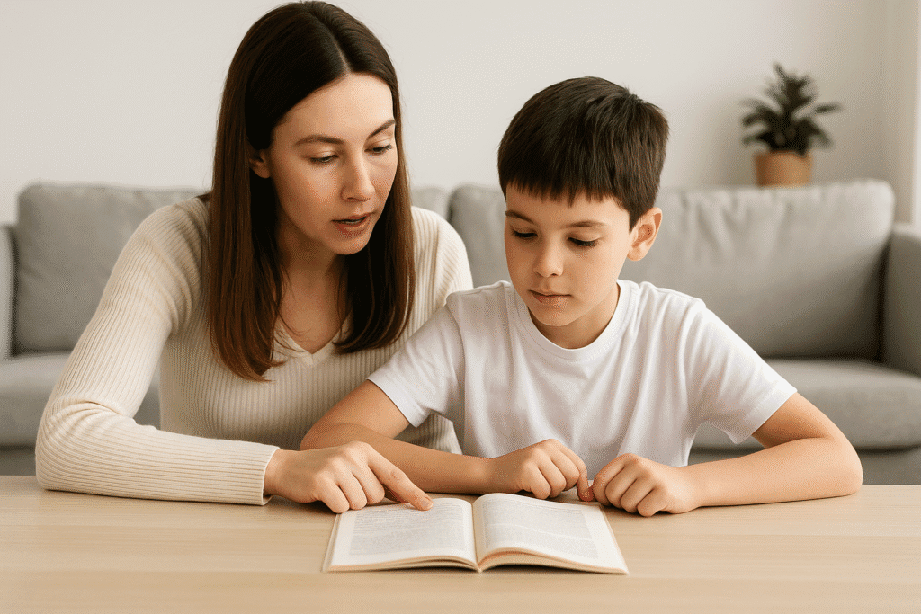 Madre señalando una frase mientras su hijo de primaria lee un libro, apoyándolo para mejorar su comprensión lectora.