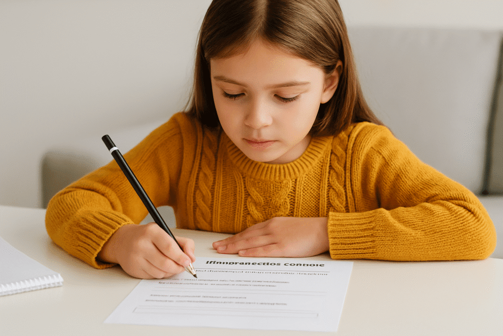 Niña de primaria escribiendo en una ficha impresa de comprensión lectora, concentrada mientras sostiene un lápiz sobre la hoja en una mesa de fondo claro.
