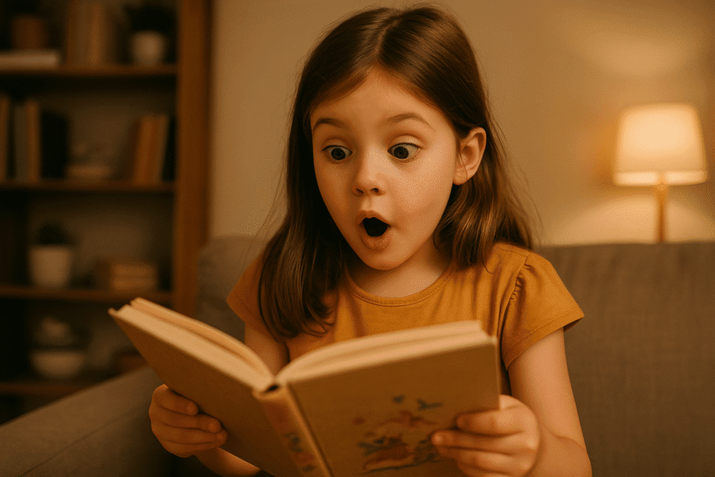 niña sorprendida al leer un cuento que despierta su imaginación