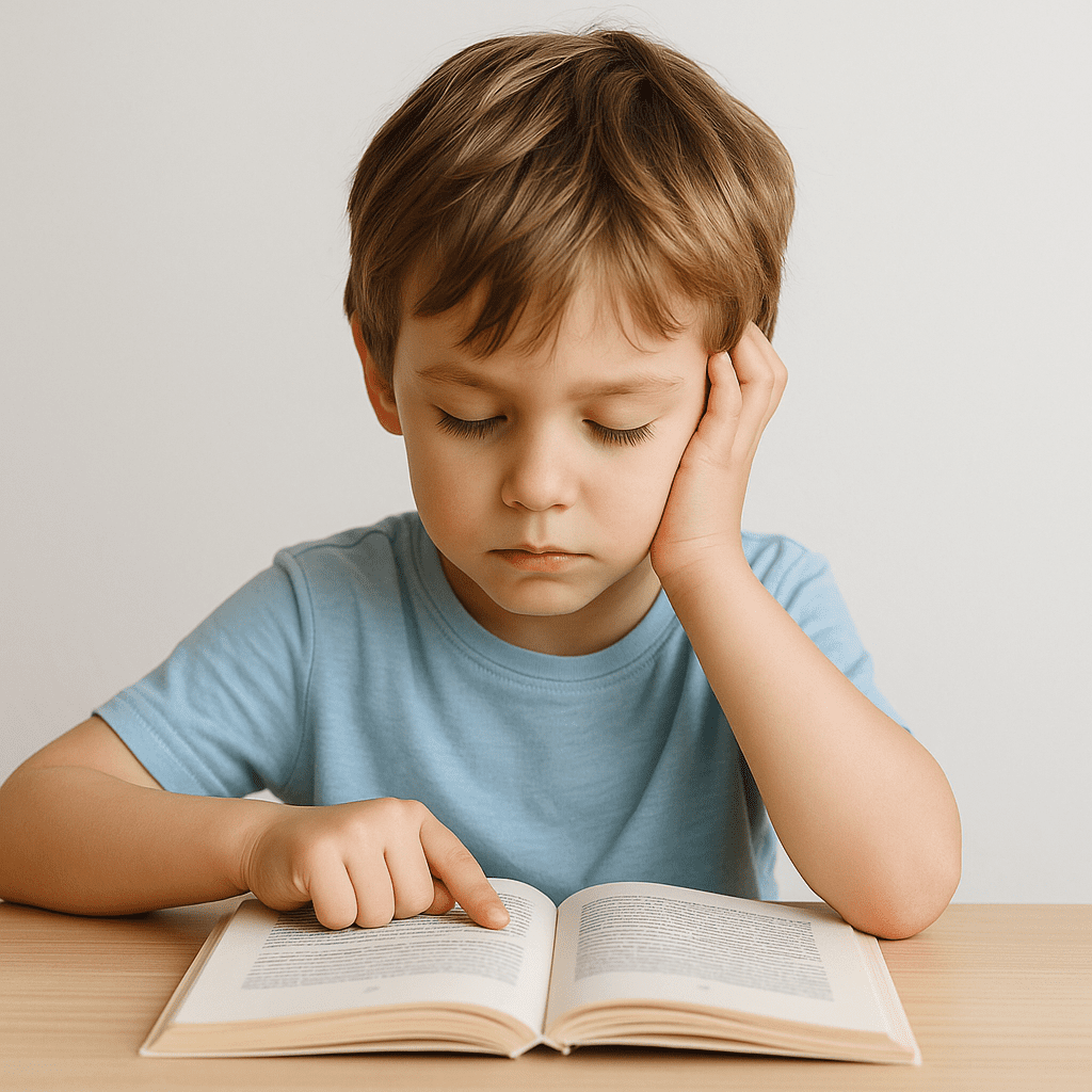 Niño de primaria leyendo un libro en una mesa, siguiendo el texto con el dedo y concentrado en la lectura.