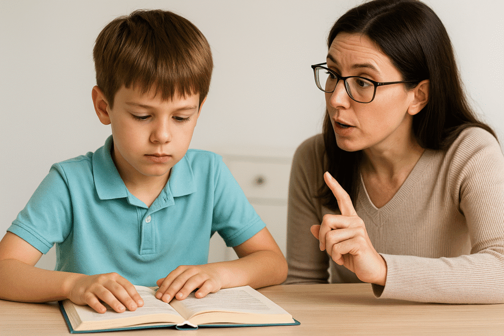 Niño de primaria leyendo un párrafo corto mientras una mujer adulta le formula una pregunta sobre el texto para comprobar su comprensión.