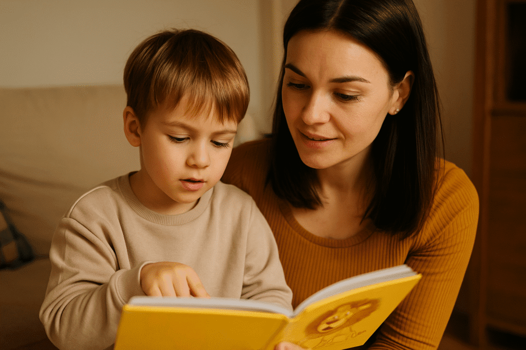 niño mostrando a su padre un dibujo relacionado con el cuento que han leído juntos