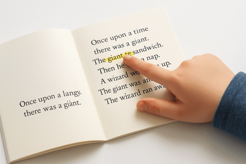 Mano de un niño señalando una frase subrayada en un libro infantil, destacando la idea principal del texto.