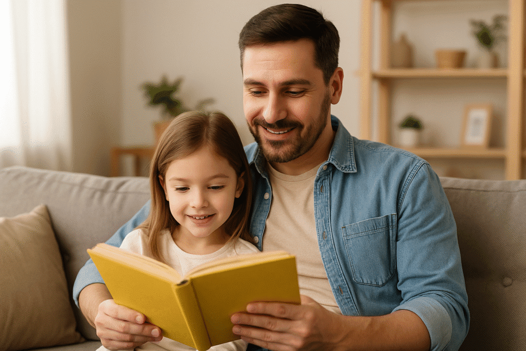 padre leyendo con su hija en casa para mejorar la comprensión lectora infantil