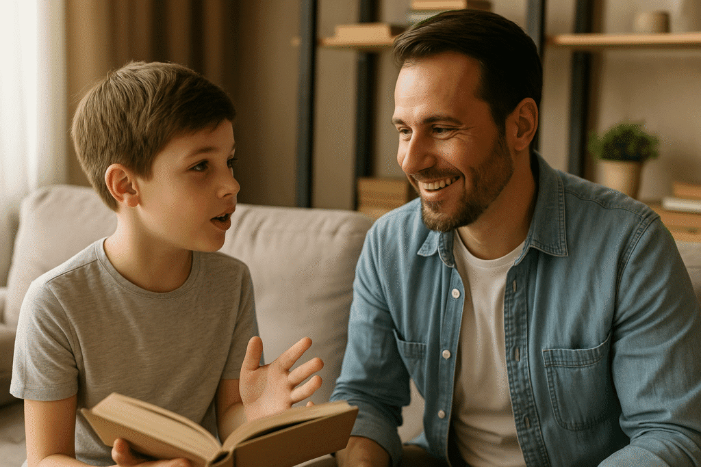 padre sonriente escuchando a su hijo contar la historia que acaba de leer