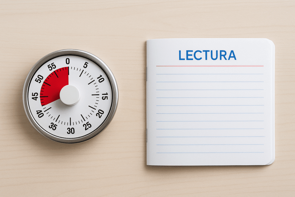 Reloj de cocina marcando 10 minutos junto a un cuaderno infantil de lectura sobre una mesa clara.