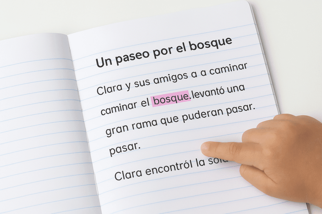 Libro infantil abierto con palabras subrayadas en distintos colores mientras un niño señala una de ellas con el dedo.