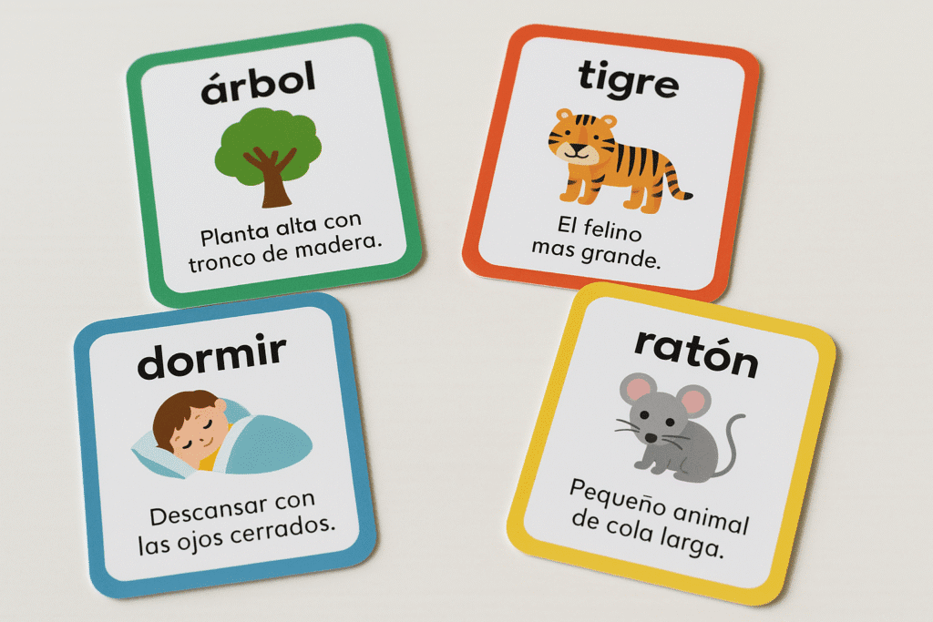 Tarjetas de vocabulario infantil con dibujos y definiciones sencillas, colocadas sobre una superficie clara.
