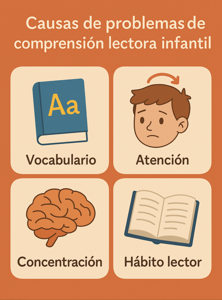 ilustracion de las causas de problemas de comprensión lectora infantil”]