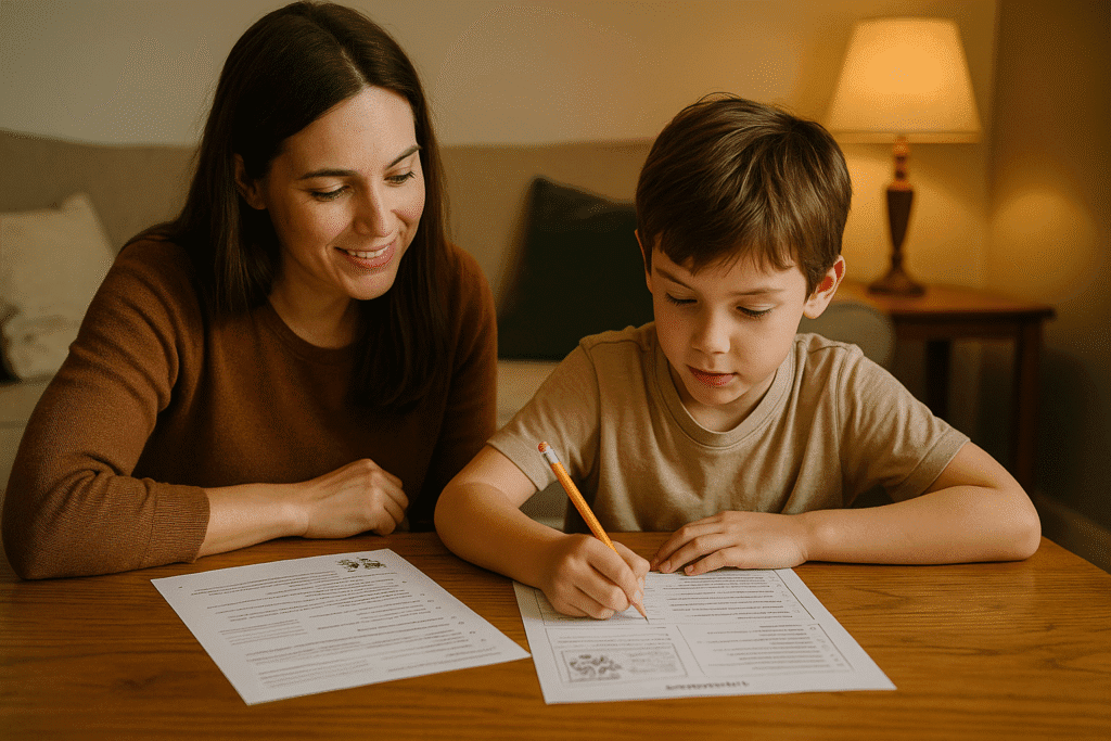 madre e hijo jugando con ejercicios de comprensión lectora impresos sobre la mesa en casa