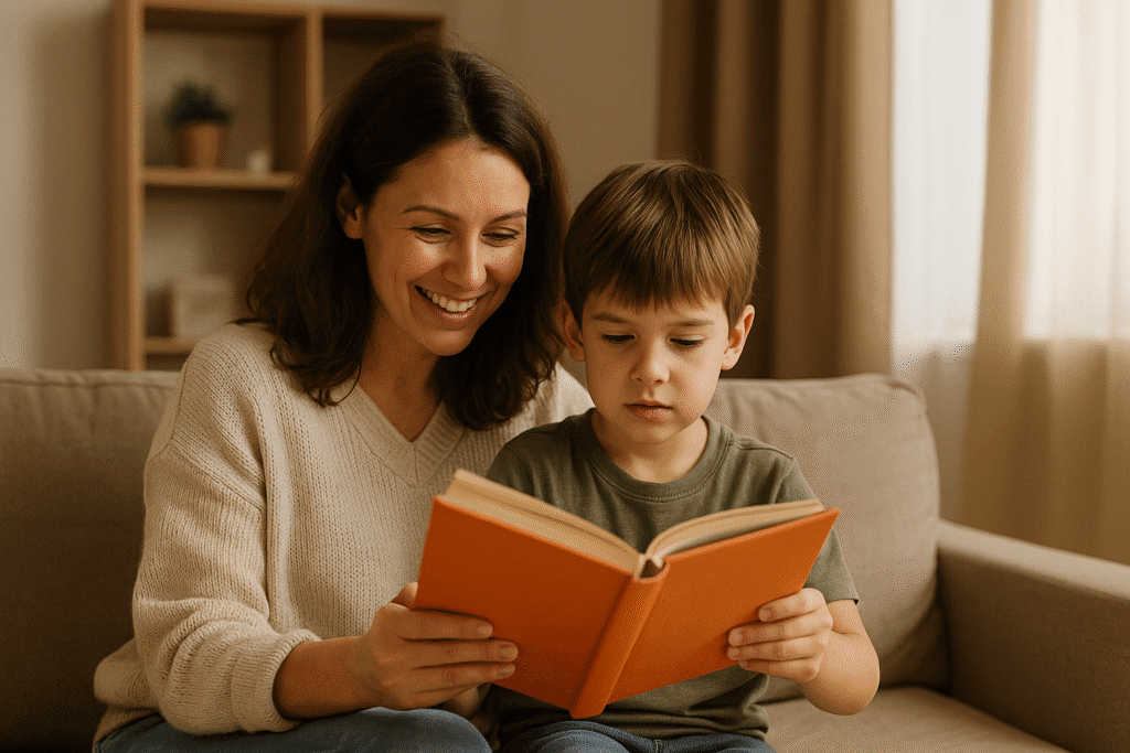 padre e hijo leyendo juntos en el sofá de casa con luz cálida y ambiente familiar acogedor