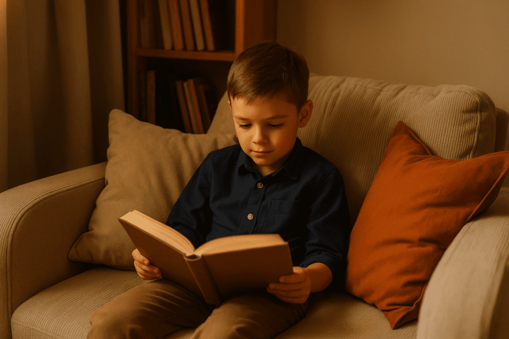 niño leyendo en un rincón de lectura acogedor con luz natural cálida y ambiente tranquilo