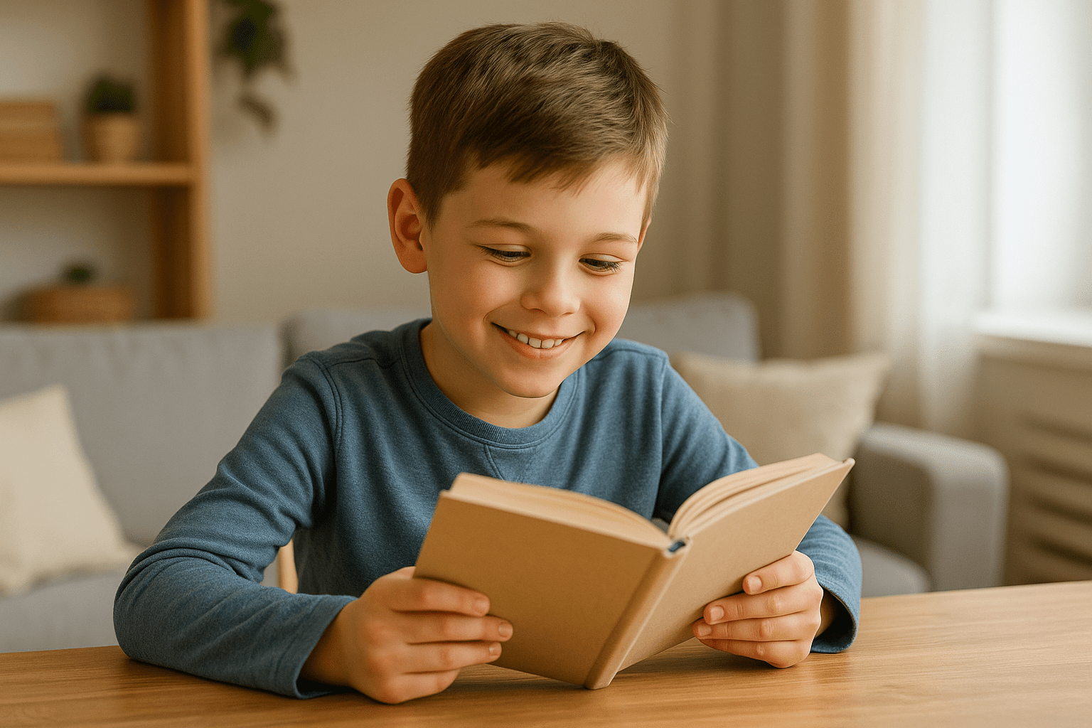 Niño concentrado leyendo un libro divertido